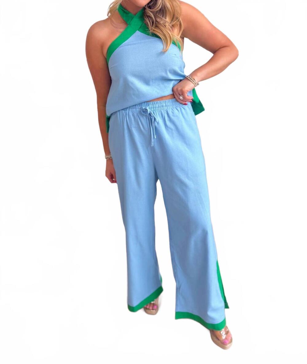 NEW ENTRO contrast hem solid wide leg pants in blue